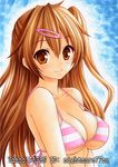  artist_name bikini blush breasts brown_eyes brown_hair chuunibyou_demo_koi_ga_shitai! cleavage hair_ornament hairclip large_breasts long_hair nibutani_shinka nightmare77zx one_side_up smile solo striped striped_bikini swimsuit traditional_media 