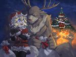  blonde_hair blue_eyes blush brown_fur canine cervine christmas christmas_lights christmas_tree clothed clothing dog embarrassed female fire fur gift hair half-dressed holidays horn male mammal reindeer robbw topless tree white_fur wolf 