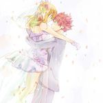  1girl bare_legs blonde_hair bridal_veil carrying couple dress erinan fairy_tail gloves hetero hug lucy_heartfilia natsu_dragneel pink_hair see-through tuxedo veil wedding_dress 