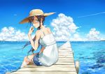 bad_id bad_pixiv_id bare_shoulders bird blue blue_eyes brown_hair cloud condensation_trail day from_behind hat horizon long_hair looking_at_viewer looking_back mouth_hold ocean original pier shorts sitting sky soaking_feet solo straw_hat suiso_(owp) 