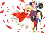  2girls absurdres ahoge armor artbook bare_shoulders blonde_hair boots bow braid braids caster_(fate/extra) cover detached_sleeves epaulettes fate/extra fate_(series) flower gold_eyes green_eyes hair_bow highres multiple_girls official_art open_mouth pink_hair ribbon rose saber_(fate/extra) saber_extra) smile source standing tail thighhighs twintails type-moon wada_aruko yellow_eyes 