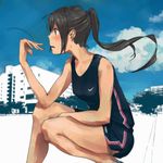  1girl black_hair cloud fanning gym_uniform long_hair looking_away nike original photo_background ponytail profile sky solo squatting sweat taxi_(owp) 