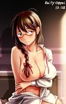  bail blush braid breasts brown_eyes brown_hair glasses hair_ornament hair_over_shoulder hair_ribbon hairclip large_breasts long_hair looking_at_viewer open_clothes open_shirt original partially_undressed ribbon shirt single_braid solo 