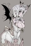  ahoge bare_shoulders breasts cleavage demon_girl earrings elbow_gloves facial_tattoo gloves head_wings horns jewelry large_breasts leaning_forward looking_at_viewer maniacpaint original purple_eyes purple_skin short_hair silver_hair smile solo succubus tattoo v_arms 