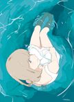  aqua arm_support bad_id bad_pixiv_id bare_shoulders barefoot blonde_hair blue_eyes downblouse dress from_above highres looking_up original partially_submerged rock signature sitting solo sundress taisos water white_dress 