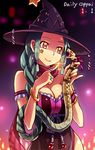  bail bare_shoulders blue_hair braid breasts cleavage facial_tattoo hat large_breasts original single_braid smile snake solo star tattoo witch_hat yellow_eyes 