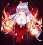  aho_murasaki bow breasts cleavage fire fujiwara_no_mokou hair_bow hair_ribbon highres large_breasts long_hair pants red_eyes ribbon silver_hair solo suspenders thigh_gap touhou very_long_hair 