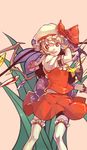  ascot blonde_hair blush flandre_scarlet hat hat_ribbon highres laevatein open_mouth red_eyes ribbon short_hair side_ponytail skirt smile solo thighhighs touhou vest wenny02 white_legwear wings 