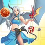  2012 bad_id bad_pixiv_id blue_eyes breasts claws cleavage copyright_request dickzanzero dragon dragon_girl dragon_wings highres horn long_hair medium_breasts midriff minidragon monster_girl navel new_year pearl scales side_slit silver_hair skirt slit_pupils tail wings 