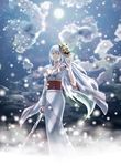  1girl blade blood character_request cloud clouds highres long_hair mask moon noto_(pixiv_id_3391356) oni_mask sky solo sword traditional_clothes very_long_hair weapon white_hair yellow_eyes 
