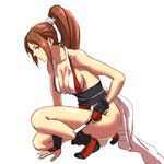  breasts brown_hair cleavage crouching fan fatal_fury large_breasts ponytail s_tanly shiranui_mai solo squatting 