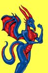  blue_skin breasts dragon female horn looking_at_viewer nude plain_background scalie solo wings yellow_background zhmernalt 