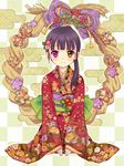  black_hair blush flower heterochromia japanese_clothes kimono long_hair pink_eyes ponytail sakamoto_mio smile solo strike_witches world_witches_series yellow_eyes yuni_(seifuku-san) 