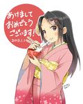  2013 artist_name ataru_(ataru_squall) black_eyes black_hair blush bowl chopsticks eating floral_print food furisode grin hair_ornament hairclip japanese_clothes kimono long_hair mochi new_year obi original sash signature smile solo translated wagashi 