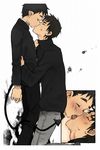  black_hair closed_eyes coin_rand demon_tail gakuran highres kiss kneeling male_focus multiple_boys original school_uniform sweat tail yaoi 