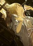  blonde_hair book closed_eyes dutch_angle flower hair_in_mouth highres holding holding_flower lily_(flower) loundraw lying on_back original short_hair signature solo wooden_floor 