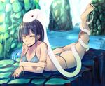  :p ass barefoot bikini black_hair blue_bikini bracelet breasts cleavage earrings feet irohasu jewelry large_breasts legs lying on_stomach original scales short_hair snake soles solo swimsuit thighs thong_bikini tongue tongue_out water waterfall white_snake yellow_eyes 