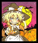  animal_ears bad_id bad_pixiv_id bat blonde_hair cosplay full_moon hat highres jack-o'-lantern kemonomimi_mode kirisame_marisa kirisame_marisa_(cosplay) looking_at_viewer moon moriya_suwako nora_wanko smile solo tail touhou witch_hat 