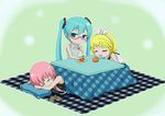  aqua_hair blonde_hair blue_eyes book bow food fruit glasses hatsune_miku kagamine_rin long_hair megurine_luka orange pink_hair short_hair sleeping twintails vocaloid yuta1147 