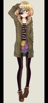 black_legwear blonde_hair camera coat covering_one_eye expressionless fashion fur_collar glasses gradient_hair grey_eyes hand_in_pocket multicolored_hair original pantyhose pillarboxed red_hair shirt short_hair simple_background solo standing striped striped_shirt taking_picture wogura 