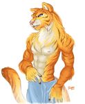  blue_eyes feline fortunata half-dressed male mammal nipples plain_background solo tiger toned topless towel wet 