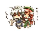  arm_grab braid chibi closed_eyes crying hair_ornament hat hong_meiling izayoi_sakuya long_hair maid maid_headdress multiple_girls nora_wanko open_mouth red_eyes red_hair short_hair silver_hair simple_background skirt star streaming_tears teapot tears touhou translated twin_braids white_background 