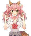  animal_ear_fluff animal_ears blush breasts cleavage clothes_around_waist fang fate/extella fate/extra fate_(series) fox_ears fox_tail jacket_around_waist large_breasts long_hair looking_at_viewer open_mouth pink_hair school_uniform shirt simple_background solo tail tamamo_(fate)_(all) tamamo_jk_(fate) twintails unbuttoned white_background yellow_eyes 