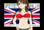  bare_shoulders bikini breasts brown_hair cartridge character_name cleavage copyright_name fal_l1a1_(upotte!!) flag flag_background inmist large_breasts long_hair purple_eyes solo swimsuit union_jack upotte!! 