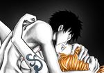  black_hair breasts cleavage kiss monkey_d_luffy nami nude one_piece orange_hair scar tattoo topless 
