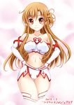  adapted_costume asuna_(sao) bikini brown_eyes brown_hair dated detached_sleeves long_hair narrow_waist solo suigetsu_koubou swimsuit sword_art_online thigh_gap thighhighs white_legwear wide_hips 