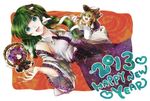  3girls blonde_hair blush breasts detached_sleeves frog_hair_ornament green_eyes green_hair hair_ornament hair_ribbon hair_tubes happy_new_year hat kochiya_sanae leaf lips long_hair medium_breasts minigirl moriya_suwako multiple_girls new_year niku_no_hito open_mouth purple_hair red_eyes ribbon rope shimenawa short_hair skirt smile snake_hair_ornament touhou yasaka_kanako yellow_eyes 