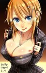  :p bail blonde_hair blue_eyes blush breasts cleavage earrings eyeshadow hair_ornament hairclip jewelry large_breasts looking_at_viewer makeup mole mole_under_eye necklace original pinstripe_pattern ring short_hair smile solo striped tongue tongue_out unbuttoned 