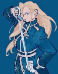  amestris_military_uniform blonde_hair blue_background blue_eyes blue_jacket blue_pants cowboy_shot epaulettes fullmetal_alchemist gloves hair_over_one_eye holding holding_sword holding_weapon jacket lips long_hair long_sleeves looking_at_viewer military military_jacket military_uniform olivier_mira_armstrong pants serious simple_background solo sword uniform uzuta very_long_hair weapon 