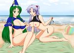  areolae ball beach beach_towel beachball blush breasts cloud green_eyes green_hair grey_eyes hair_bobbles hair_ornament highres large_breasts long_hair mima multiple_girls nipples ocean open_mouth sand shinki side_ponytail silver_hair simple_background swimsuit touhou touhou_(pc-98) towel untied zaogao_xiaotu 