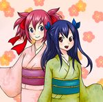  :d akane_(tpaknwt) blue_hair fairy_tail japanese_clothes kimono long_hair multiple_girls open_mouth pink_hair sheria_blendy smile twintails two_side_up wendy_marvell 