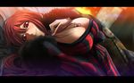  71 blush breast_tattoo breasts choker dakimakura_(object) dutch_angle hand_on_own_chest huge_breasts letterboxed lips long_hair looking_at_viewer lying maou_(maoyuu) maoyuu_maou_yuusha on_back pillow red_eyes red_hair smile solo tattoo upper_body 
