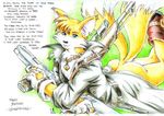  anthro bling blue_eyes bottomless butt canine chain clothed clothing ear_piercing fox gun half-dressed looking_at_viewer lyrics male mammal miles_prower necklace piercing ranged_weapon rifle sega smile solo sonic_(series) ultratails42 video_games weapon zen 