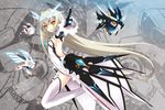  boots breasts code:_battle_seraph_(elsword) elsword eve_(elsword) gloves grey_background highres leotard long_hair mecha_musume moby_(elsword) pointing remy_(elsword) robot sideboob small_breasts solo thigh_boots thighhighs uiu white_hair white_legwear yellow_eyes 