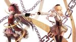  blonde_hair chain die_(die0118) drill_hair hair_ornament highres long_hair magical_girl mahou_shoujo_madoka_magica multiple_girls red_eyes red_hair sakura_kyouko thighhighs tomoe_mami twin_drills twintails 