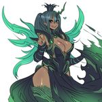  1girl blue_hair blush breasts cleavage cleavage_cutout dark_skin detached_sleeves earrings eyeshadow fang green_eyes highres horn jewelry large_breasts long_hair makeup maniacpaint my_little_pony my_little_pony_friendship_is_magic open_mouth personification pointy_ears ponytail queen_chrysalis smile solo thighhighs wings 