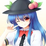  40cabbage blue_hair food fruit hat hinanawi_tenshi long_hair one_eye_closed peach red_eyes solo touhou 