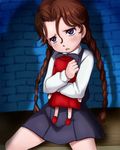  anita_(vampire) braid brick_wall brown_hair child doll dress e10 head_tilt long_hair long_sleeves object_hug open_mouth parted_lips purple_eyes scared shade shadow sitting solo twin_braids vampire_(game) 