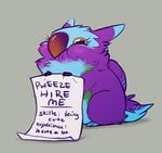  &lt;3 :3 ambiguous_gender avian beak blush cute english_text feral fur grey_background gryphon merystic paper plain_background purple_feathers solo text what wings 