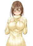  blush breasts brown_eyes brown_hair highres large_breasts niwatazumi original ribbed_sweater short_hair simple_background solo sweater white_background 