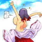  \o/ arms_up back backboob blue_sky bouncing_breasts bow breasts butt_crack from_behind hair_bow hairband hataraki_ari huge_breasts japanese_clothes miko original outstretched_arms purple_hair sky solo stretch topless translation_request twintails unaligned_breasts 