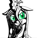  changeling fangs female feral friendship_is_magic green_eyes hair holes horn inuhoshi-to-darkpen long_hair looking_at_viewer monochrome my_little_pony plain_background queen_chrysalis_(mlp) solo white_background 