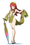  alternate_costume bare_legs blue_eyes blush braid breasts center_opening chinese_clothes closed_umbrella crossed_legs detached_sleeves full_body hat high_heels hong_meiling hyouju_issei large_breasts long_hair long_legs looking_at_viewer navel pelvic_curtain planted_umbrella race_queen red_hair shoes simple_background smile solo star touhou twin_braids umbrella underboob watson_cross white_background 