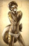  anthro avoid_posting brown_hair bulge colored conditional_dnp ferret fluffy_tail front hair kimber_di_furetti looking_at_viewer male mammal marbled_polecat moodyferret mustelid polecat pubes short_hair solo standing topless underwear weasel 