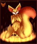  4_toes anthro breasts canine chest_tuft covering_breasts female fennec fennekin fire fox fur glowing hindpaw hot kneeling looking_at_viewer mammal mark_haynes nintendo nude pawpads paws plantigrade pok&#233;mon pok&#233;morph pok&eacute;mon pussy soles solo toes tuft video_games 