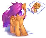  ? blush brown_fur butt cub daydream equine female feral friendship_is_magic fur hair invalid_tag lagomorph mammal my_little_pony orange_fur pegasus plain_background purple_eyes purple_hair rabbit scootaloo_(mlp) solo tattoo white_background wings young 